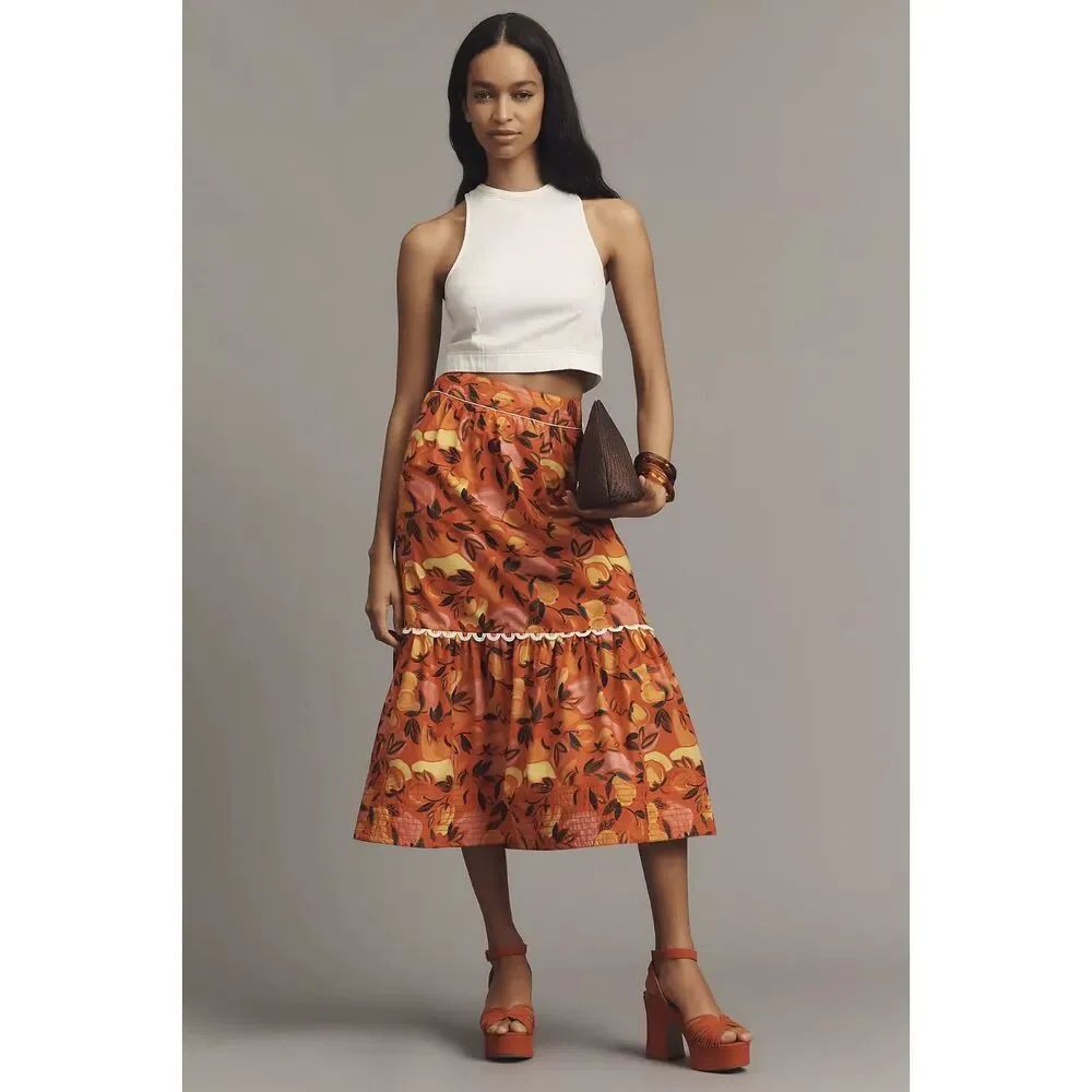 Farm Rio x Anthropologie Tiered Flare Hem Printed Midi Skirt